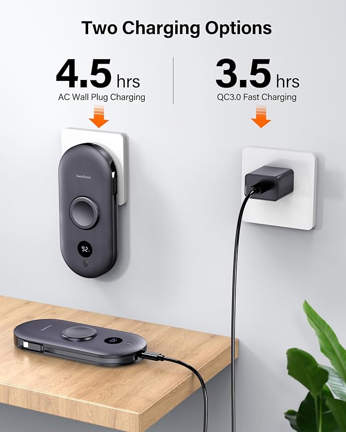 SwanScout Portable Charger for Samsung Watch 8 Classic/8/Ultra/7, 10000mAh Power Bank with Built-in Cables & Wall Plug, 302S Travel Battery Pack Compatible with iPhone, Samsung, and More