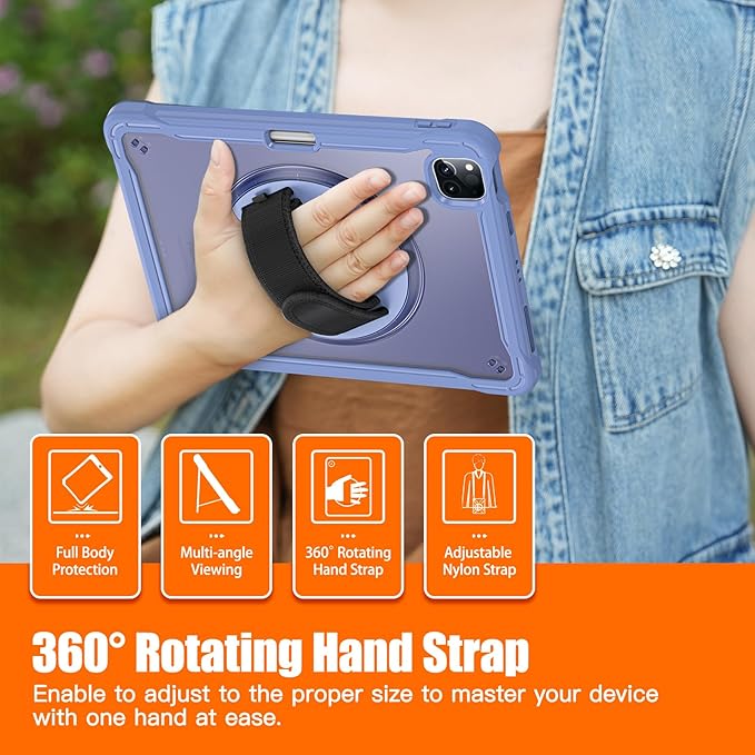 Batianda Case for iPad Pro 11-inch 2022 4th M2 Chip /2021 (3rd Generation) Heavy Duty Rugged Shockproof Tablet Cover with 360° Rotating Hand Strap Foldable Hidden Stand & Shoulder Strap, Lavender