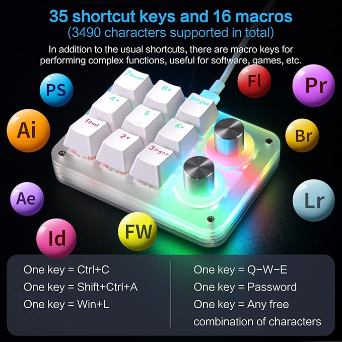 Koolertron 9-Key Mechanical Numpad with 2 Programmable Knobs, LED Backlit Macro Gaming Keyboard, Fully Customizable Numeric Keypad for PC