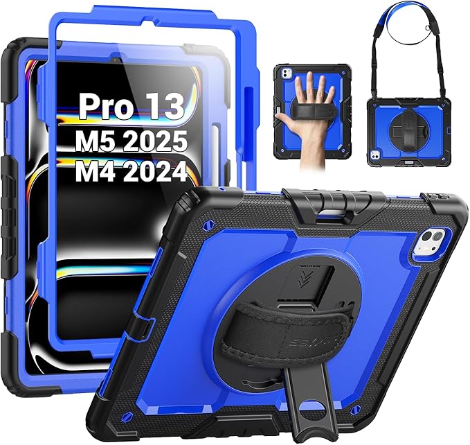 SEYMAC Case for iPad Pro 13 Inch M5 2025 / M4 2024, Heavy Duty Shockproof Protective Case with Screen Protector, 360° Rotating Stand, Hand/Shoulder Strap and Pen Holder, Blue