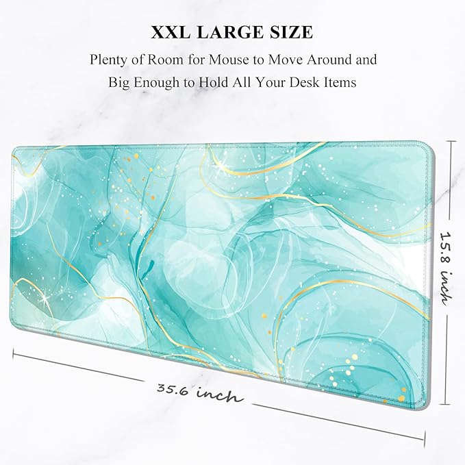 Auhoahsil Desk Mouse Pad, Large Gaming Mousepad, XXL Desk Pad, Extended Long Superior Micro-Weave Cloth Non-Slip Rubber Big Computer Mouse Mat for Gamer, Office & Home, 35" x 15", Teal Gold Marble