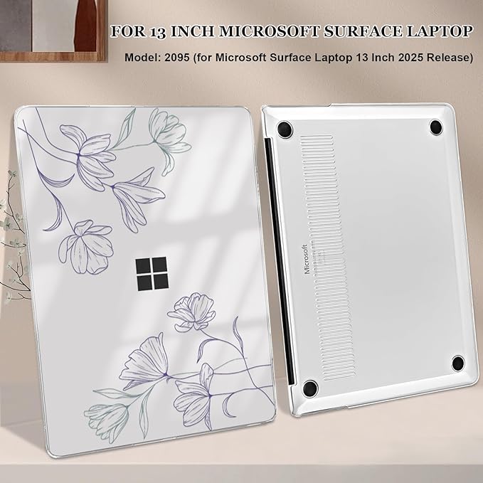 Slim Protective Case for 13 inch Microsoft Surface Laptop 2025 Copilot+PC Model 2095, Lightweight Anti-Scratch Printed Pattern Plastic Hard Shell Case Cover, Purple Line Flower