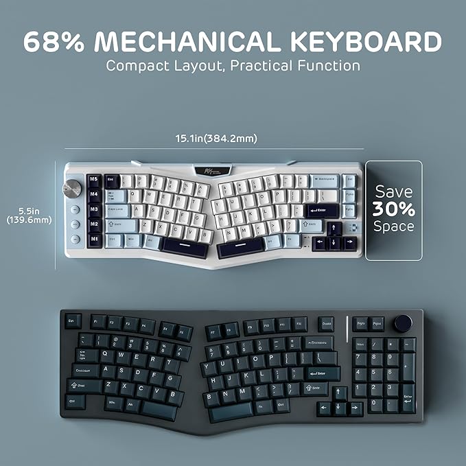 RK ROYAL KLUDGE A72 Alice Ergonomic Wireless Mechanical Keyboard w/Knob/Macro Keys/Touchable Nameplate, Tri-Mode 68% 72-Key Gasket Keyboard BT/2.4G/USB-C, Hot Swap, Win/Mac Software, 7500mAh Battery
