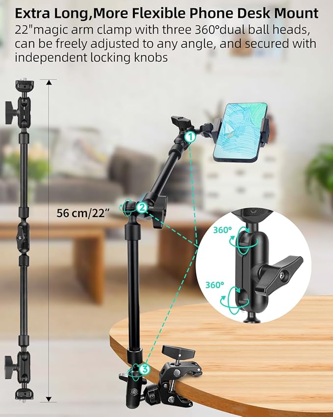22" Magic Arm w Clamp, Overhead Phone Mount, Desk Camera Mount w Articulating Friction Boom Arm Thread Adapter, for Phone Video Light Webcam Microphone Action Camera Content Creators