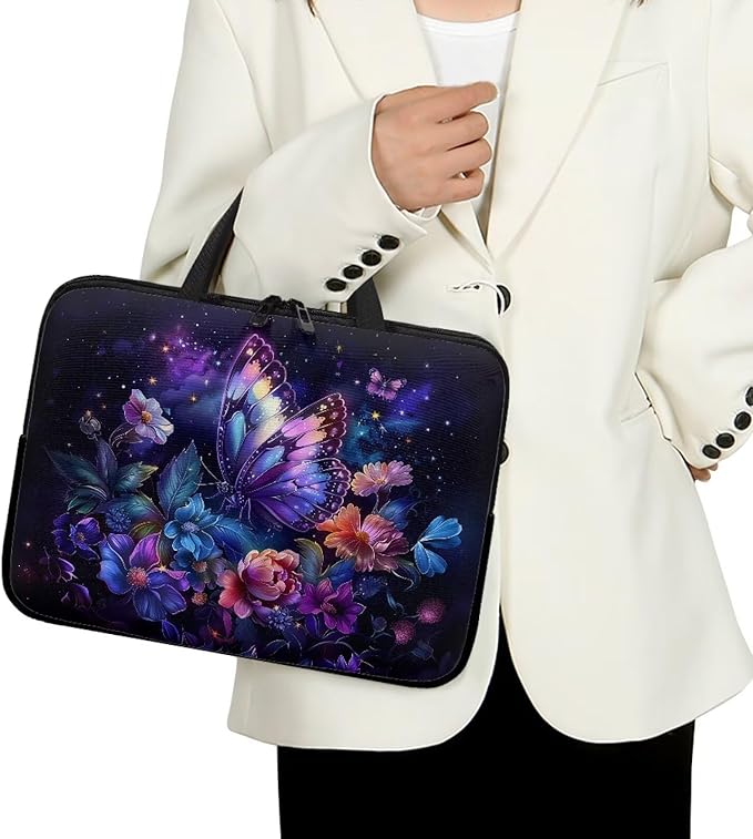 Purple Butterfly Floral 13 Inch Laptop Sleeve, Protector Laptop Case Tote Bag, Women Computer Cover with Zipper Work Travel Handbag Tablet Carrying Shoulder Bag for School Business