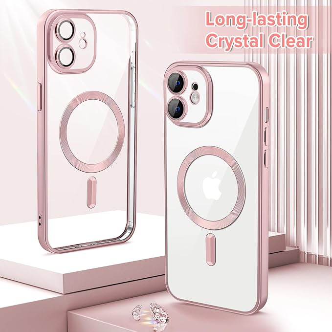 Hython Magnetic Clear for iPhone 11 Case with Camera Lens Protector [Compatible with MagSafe] Luxury Plating Edge Slim Soft TPU Cover Protective Phone Case for iPhone 11 6.1", Matte Pink
