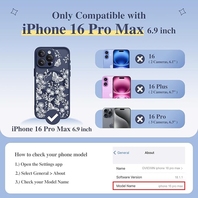 GVIEWIN for iPhone 16 Pro Max Case Compatible with MagSafe, [Military Grade Protection] [Screen Protector] Full Camera Protection Floral Translucent Women Magnetic Phone Case, Tuberose/Blue