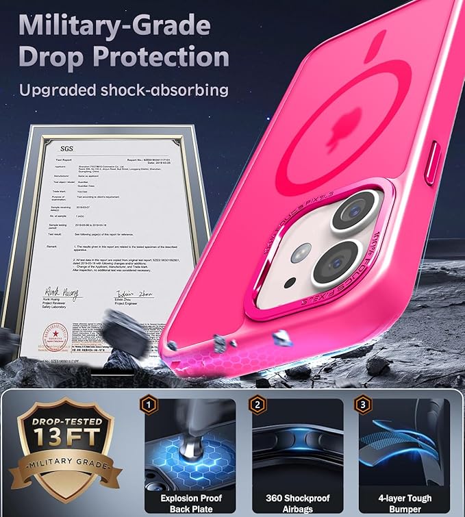 Newfuture Designed for iPhone 11 Case with Strong Magnetic [13 FT Military Drop Protection] [Compatible with Magsafe] Slim Translucent Matte Shockproof with Anti-Fingerprint Phone Case, Hot Pink