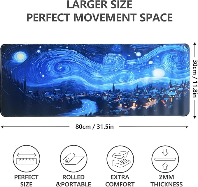 Gaming Mouse Pad XL XXL with World Map(31.5 x 11.8in), Desk Mat&Large Mouse Pad Keyboard Mat 2MM Anti Slip and Waterproof Rubber Mouse Pad (Abstract Starry Sky)…