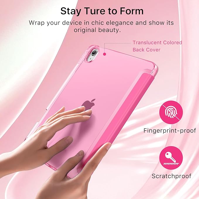 MoKo for iPad Air 11 inch Case (M4/M3/M2) 2026/2025/2024, iPad Air 5th/4th Gen 10.9 inch Case 2022/2020 with Pencil Holder, Slim Light Trifold Cover with Hard PC Translucent Back Shell, Persian Pink
