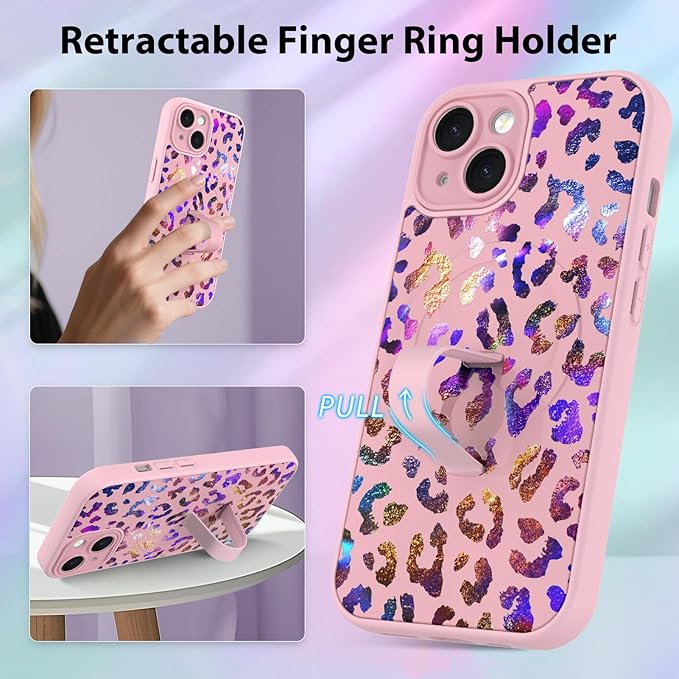 KANGHAR Compatible with iPhone 15 Case, Support for MagSafe, Silicone Cute Iridescent Leopard Cheetah Pattern, Wristband Kickstand Shockproof Protective Slim Cover for Women Girls, Pink