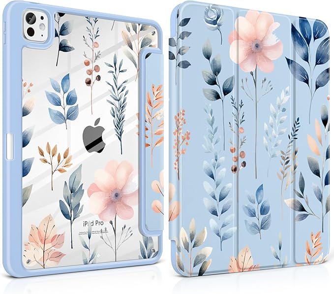 Case for iPad Pro 11 inch (M5) 2025 (M4) 2024 Release Slim Lightweight Cute Light Blue Cover with Clear Back TPU Edge Pencil Holder Trifold Stand, Hand-Drawn Leaves