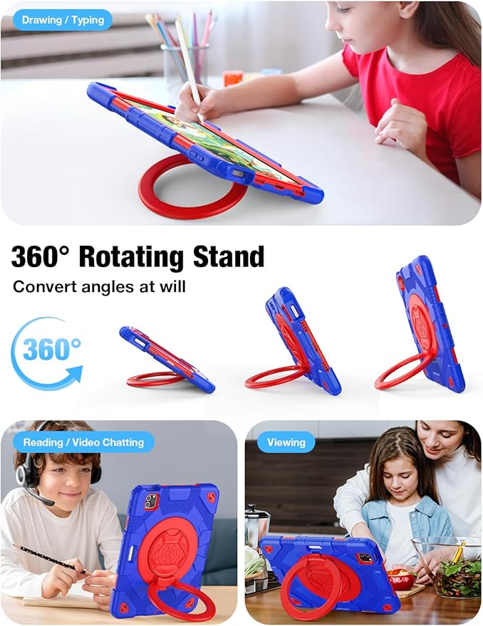 SCSVPN Kids Case for iPad Air 5th/4th Generation 10.9-inch 2022/2020 & iPad Pro 11'' 4th/3rd/2nd/1st Gen 2022 2021 2020 2018 Protection Case with Pen Holder, Stand, Handle, Shoulder Strap, Red Blue