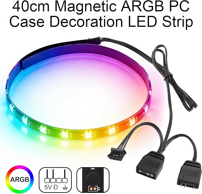 40cm Magnetic ARGB LED Strip for PC Case, Silicone Encased 24 LEDs, 5V 3-Pin Addressable RGB Light Sync with Motherboard