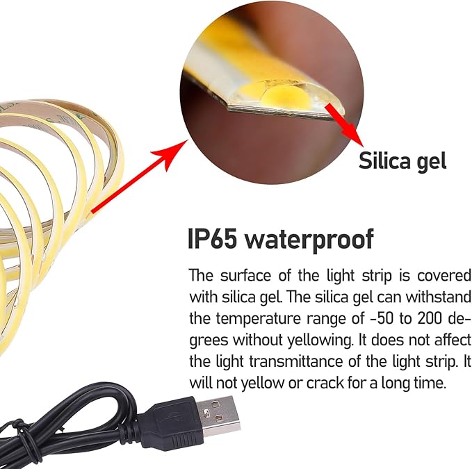 DC 5V USB COB LED Strip Light Cool White 6000K Dimmable IP65 Waterproof CRI 93+ USB Powered 6.6ft/2M 640LEDs with Dimmer High Brightness Flexible LED Tape Lights