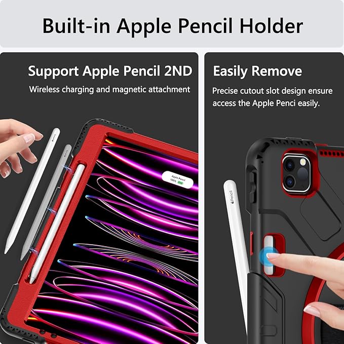 Miesherk Case for iPad Pro 12.9 Inch 6th/5th/4th Generation, Military Grade Heavy Duty Shockproof iPad Pro 12.9 Case - Rotating Stand, Pencil Holder, Hand/Shoulder Strap, Red+Black