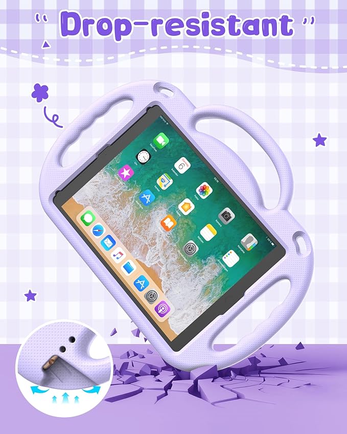 Kids Case for iPad 5th/6th Generation (9.7 inch, 2017/2018) & iPad Air 1/2 9.7" & Pro 9.7, Durable Shockproof Lightweight Kids Cover with Shoulder Strap/Handle/Kickstand, Light Purple