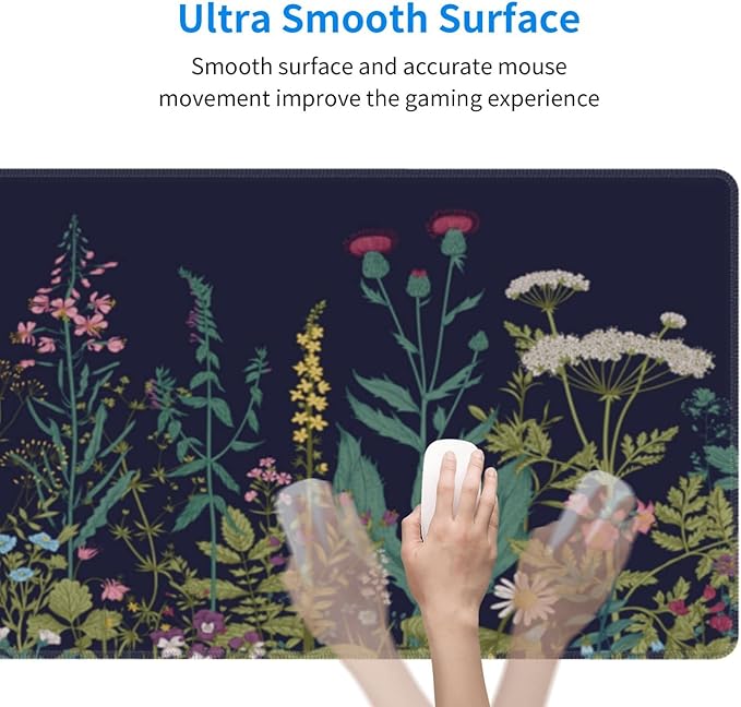 Flower Extended Gaming Mouse Pad Abstract Black Desk Mat 31.5x11.8 Inch Floral Texture Non-Slip Rubber Base Weeds Mousepad Stitched Edges Keyboard Mouse Mat Desk Pad for Office Home Game