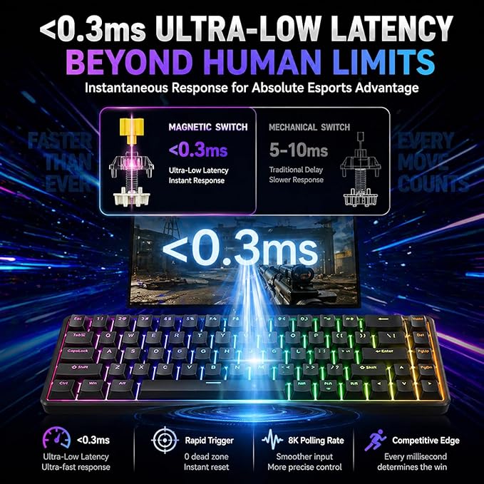 DIERYA DK68-C 60% Gaming HE Keyboard, Magnetic Switch Hot Swappable, Rapid Trigger, Adjustable Actuation, 8000Hz Polling Rate, RGB Backlit, Compact 68 Keys for Windows PC, Wired, Black