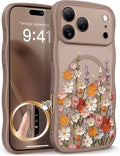 GVIEWIN for iPhone 17 Pro Case Compatible with MagSafe [Curly Wave Edge][Full Camera Protection] Floral Translucent Shockproof Magnetic Women Phone Case for iPhone 17 Pro 6.3'', Primrose/Brown