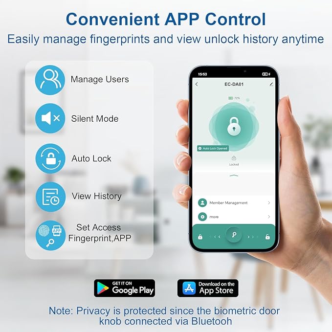Fingerprint Door Lock & Biometric Door Knob with App – 3-in-1 Keyless Entry Smart Door Lock with Auto-Lock & Interior Lockable, Secure Your Home, Office, Bedroom & Apartment Black