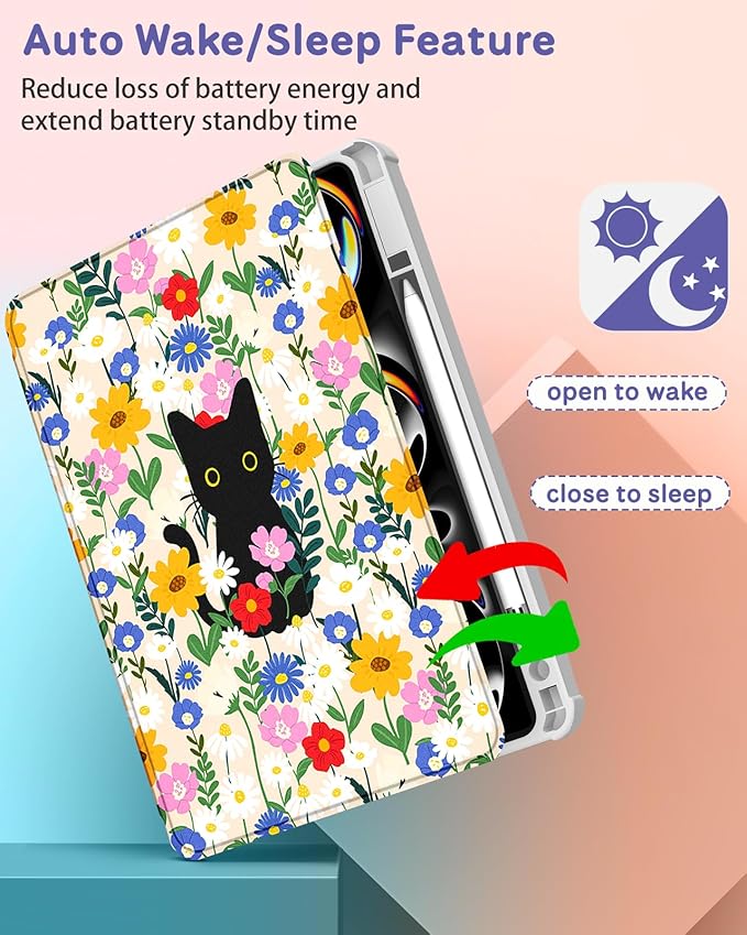 Uppuppy for iPad Pro M4/M5 Case 13 inch - 360 Degree Rotating Stand Folio Smart Cover with Pencil Holder for Women Girls, Cat and Flowers for iPad Pro 13 inch Case 2024 M4/2025 M5
