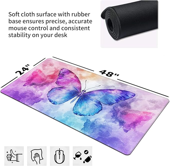 Extra Large Butterfly Mouse Pad 48x24 Inch – 3XL Huge Waterproof Desk Mat with Non-Slip Rubber Base & Stitched Edges, Full Coverage Mousepad Keyboard Mat for Work, Game, Office(Purple, XXXXL)