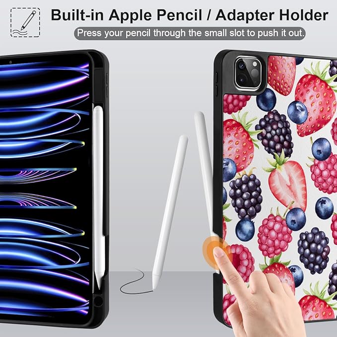 MEEgoodo for iPad Pro 12.9 Case M2 6th/5th/4th/3rd Generation 2022 2021 2020 2018 with Pencil Holder, Tablet Cover with Soft TPU Back Shell, Fresh Berries Pattern