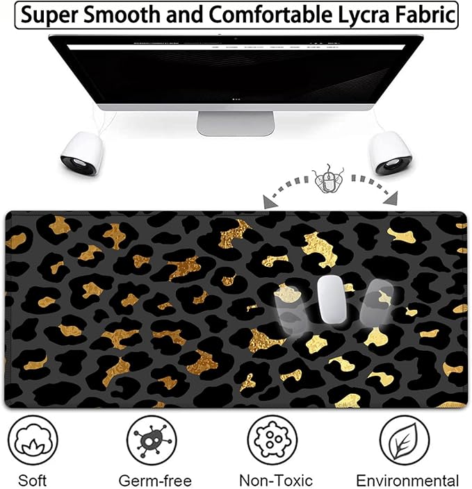 Large Gaming Mouse Pad,31.5x11.8 in Extended Computer Mouse Mat with Non-Slip PU Base, Ergonomic Memory Foam Keyboard Wrist Rest,for Work Gaming,Writing Pad Gold & Black Leopard Office Desk Pad