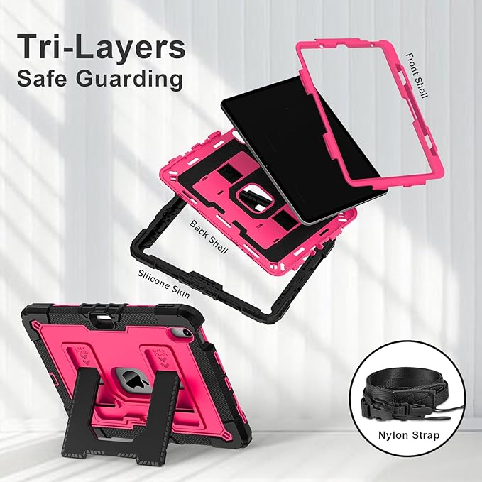 Kids Friendly Case for iPad Air 11 Inch M4 M3 M2 2026/2025/2024 Case with Pencil Holder & Shoulder Strap, Military Grade Shockproof Kickstand Hard Shell Protective Cover,Black+Rose