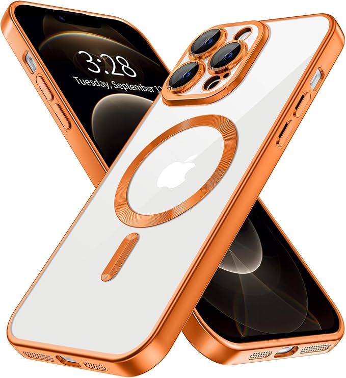 Hython Magnetic Clear for iPhone 12 Pro Max Case with Camera Lens Protector [Compatible with MagSafe] Plating Edge Slim Soft TPU Cover Protective Phone Case for iPhone 12 Pro Max 6.7", Matte Orange