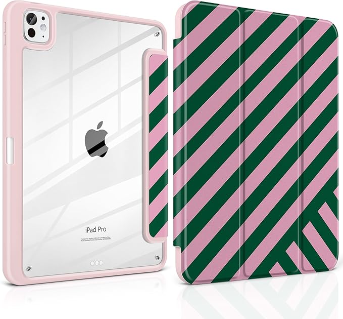TWOLSKOO Case for iPad Pro 11-inch (M5 2025 / M4 2024), Clear Acrylic Back with TPU Bumper, Pencil Holder, Trifold Stand, Auto Sleep/Wake, Diagonal Stripes