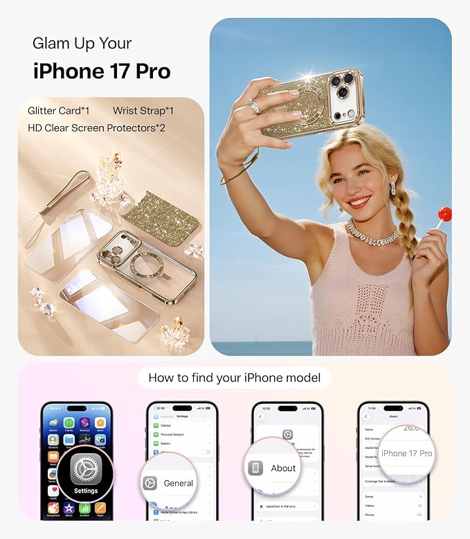 Meifigno Designed for iPhone 17 Pro Case 6.3", [Glitter Card & Wrist Strap] [Compatible with MagSafe] [2X HD Screen Protectors] Surround Raised Lens Protection for 17 Pro Case Women, Desert Titanium