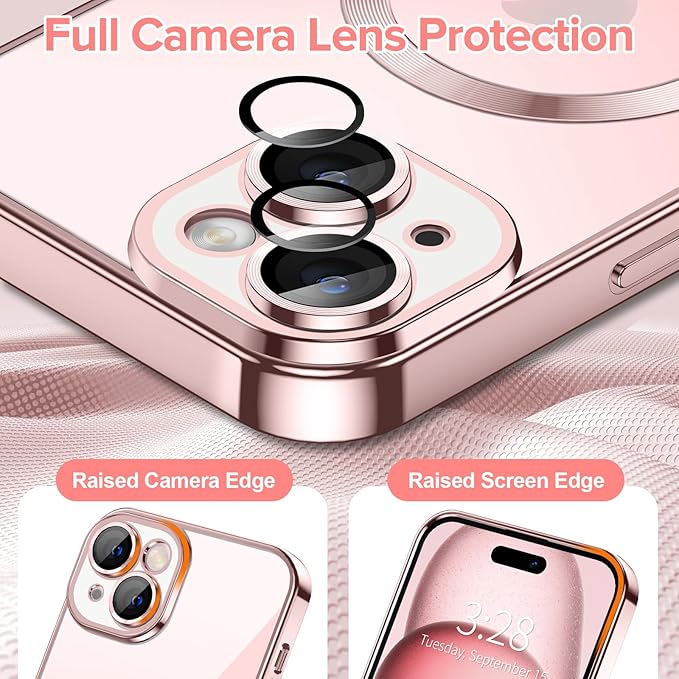 Hython Magnetic Clear for iPhone 15 Case with Camera Lens Protector [Compatible with MagSafe] Luxury Plating Edge Slim Soft TPU Cover Protective Phone Case for iPhone 15 6.1", Pink