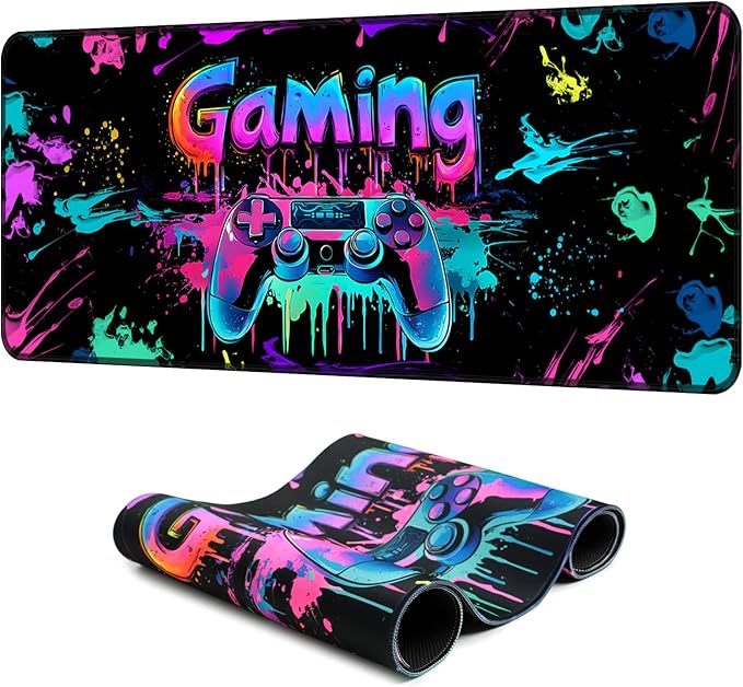 Gaming Mouse Pad, X-Large Waterproof Blacklight Colorful Splatter Art Game Controller Non-Slip Rubber Base Mousemat, Glow in The Dark Desk Mat for Office Home - 31.5 x 11.8 inches