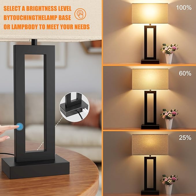 Seealle 22" Tall Living Room Lamps for Night Stands - Touch Bedside Lamp with USB C+A, 3 Way Dimmable Bedroom Lamps for End Tables Set of 2, Modern Night Stand Lamps for Bed Side(Beige&Black)