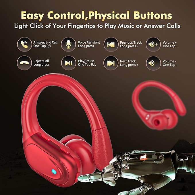 HAOYUYAN Wireless Earbuds, Sports Bluetooth Headphones, 80Hrs Playtime Ear Buds with LED Power Display, Noise Canceling Headset, IPX7 Waterproof Earphones for Workout/Running (Red)
