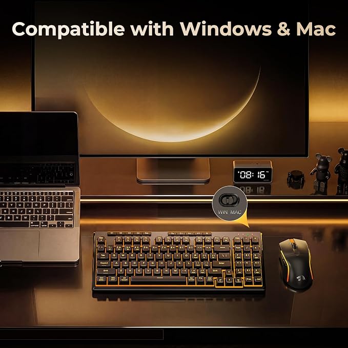 Redragon S156 Wireless Keyboard and Mouse with Tri-Mode, Mechanical Feel Keyboard and 4800 DPI 61G Ultra-Light Gaming Mouse, RGB Backlit, 4 Macro Keys, Long Battery Life for PC, Mac, Ideal for Gamer