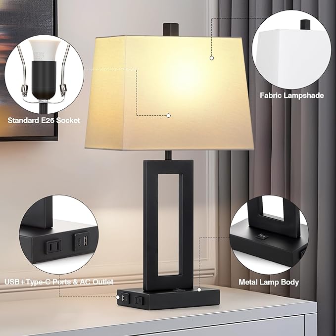 Cinkeda Table Lamp Set of 2 with USB C+A Ports & AC Outlet, Bedside Lamps, Modern Bedroom Lamps, Black Lamps for Bedroom Living Room,Nightstand Lamp（Push Button Swich/NO dimming