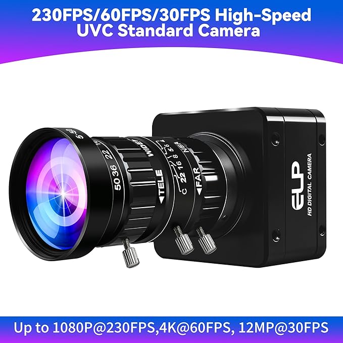 ELP High Speed USB Zoom Camera, 1080P/230fps, 4K/60fps, 12MP/30fps, USB3.0/2.0 Manual Focus Lightburn Cameras for Windows, Linux, Mac, Pi, Fast Frame 5-50mm 10X Zoom IMX577 Webcam for PC Jetson Nano