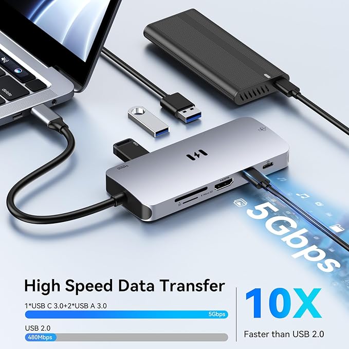 USB C Adapters for MacBook Pro/Air, Selore 9 in 1 USB C Hub with 4K HDMI, 3 * 5Gbps USB 3.1 GEN1 Port, 1Gbps Ethernet, 100W PD, 1*USB 2.0 dongle for Dell, HP and More