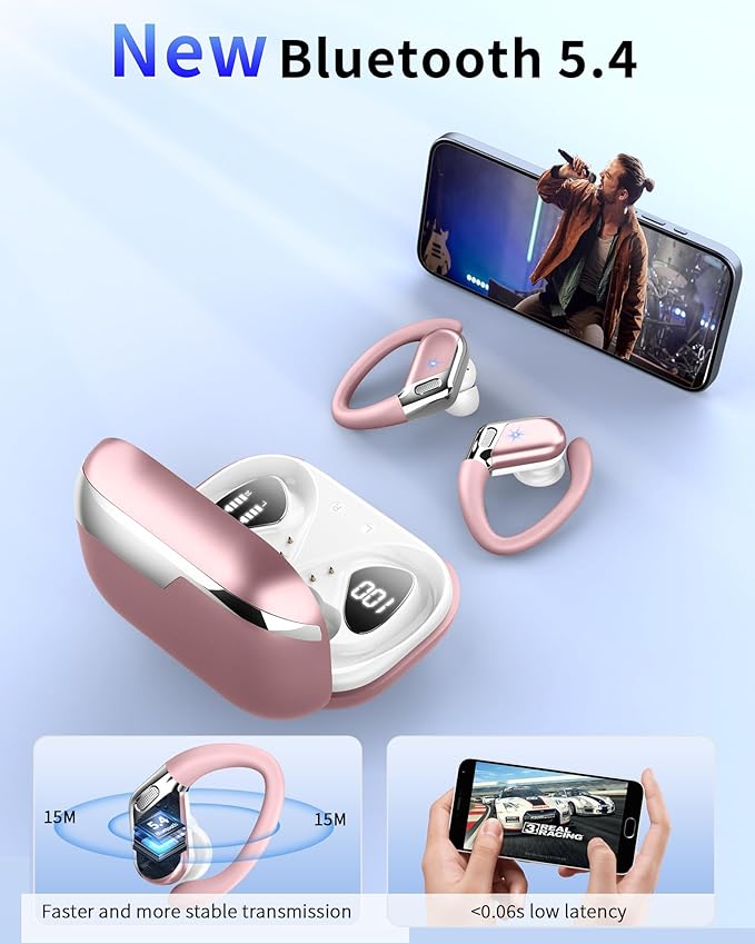 Wireless Earbud, Bluetooth 5.4 Headphones IP7 Waterproof for Sport, 50H Running Wireless Earphones with ENC Noise Cancelling Mic, Deep Bass Over Ear bud with Earhooks for Android, iOS, Workout, Gym