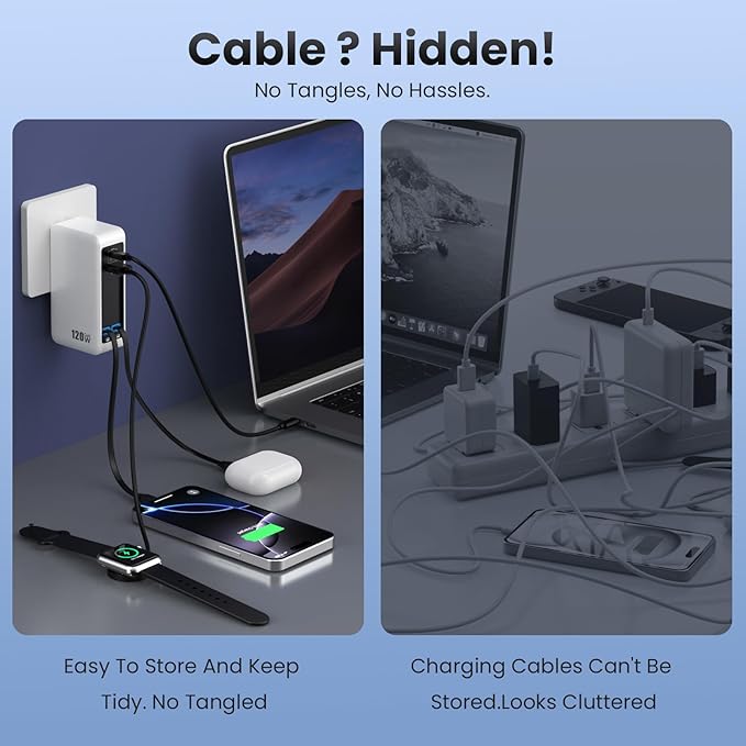 USB C Charger Block 120W with Built-in 2 Retractable Cables,4-in-1 GaN IV Charger Fast Charging Foldable Plug Wall Charger,PD 65W Laptop Charger for MacBook,iPad,iPhone 17/16/15,Galaxy,Android-White