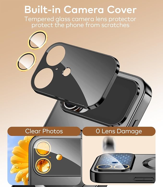TOBOVON Magnetic for iPhone 17 Case with Ring Stand, Fits MagSafe, with Built-in Camera Lens Protector, Slim Electroplated Shockproof Phone Cover, Black