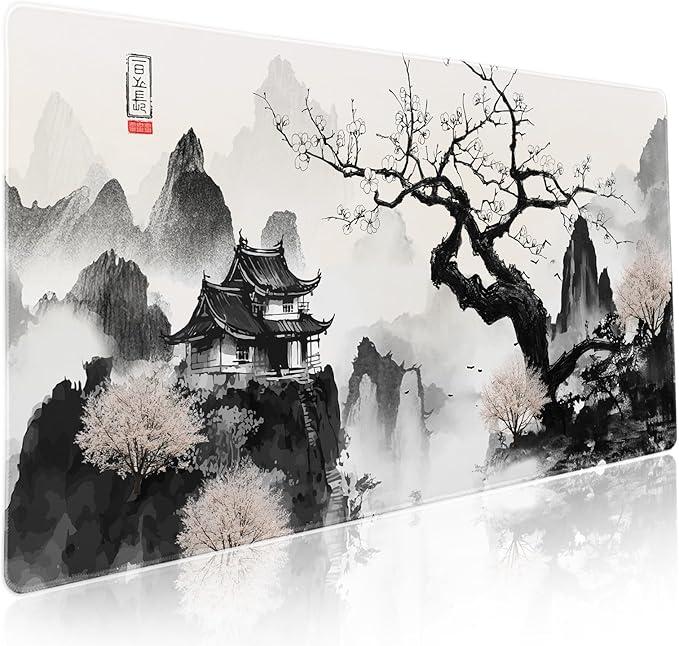 Japanese Cherry Blossom Anime Large Mouse Pad XXL Black White Sakura Tree Mountain Extended Large Desk Mat Big Desk Pad 90X40 CM Non-Slip Rubber Base Stitched Edge Long Mousepad,35.4 x 15.7 Inch