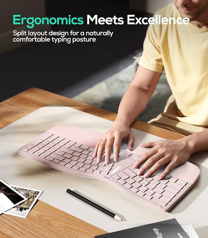 Nulea RT07B Wireless Ergonomic Keyboard - Split Keyboard, Wrist Rest, Natural Typing, Bluetooth and USB Connectivity, USB-C Rechargeable,Compatible with Windows Mac (Silver White)