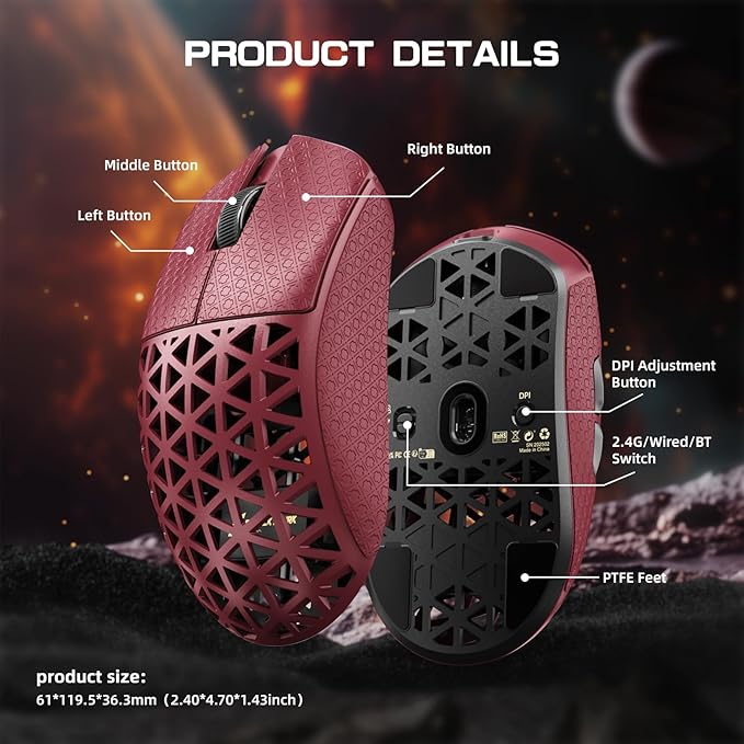 R5Ultra 8K Carbon Fiber Wireless Gaming Mouse with 42000 DPI -PAW3950 MAX Sensor -39g Ultra-Lightweight-Nordic 52840 MCU Chip-Wired/BT/2.4GHz Wirelss Programmable Mouse Tape for PC/Mac (Red)
