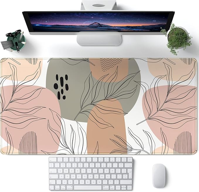 Boho Abstract Large Mouse Pad, Brown Grey Pink Aesthetic XL Mouse Pad, Gaming Mousepad XXL Long Keyboard Mat 31.5''X15.7'' Desk Accessories for Women Girls