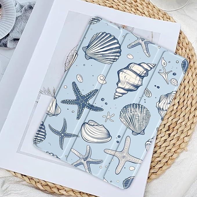 JOYLAND Sea Shells Case for iPad 7th/8th/9th Generation, Clear Transparent Acrylic Hard Back Ice Blue Case with Pencil Holder Trifold Stand Tablet Cover for iPad 10.2" 2019/2020/2021