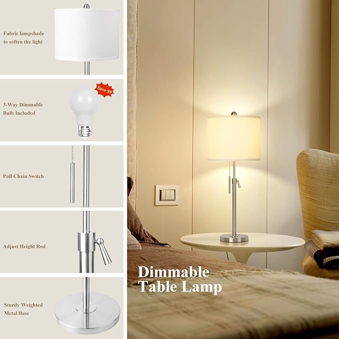 Qingmiao Table Lamps Set of 2, 22" to 30" Adjustable Nightstand Lamps for Bedroom, Dimmable End Table Lamps for Living Room Console Entry Farmhouse Home Decor, New House Warming Gifts